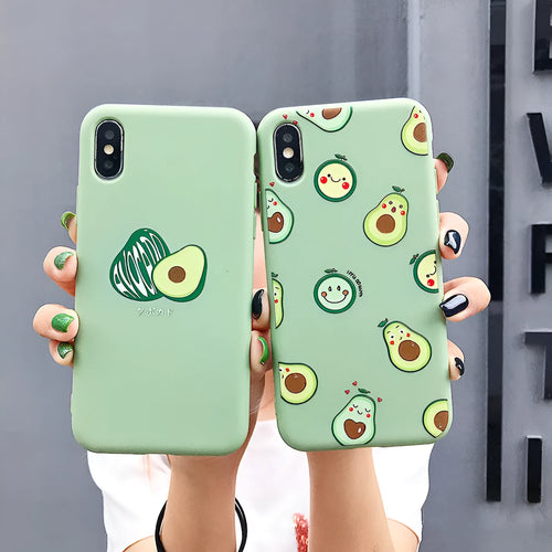 Green avocado cartoon design on a flexible black TPU phone back cover case.