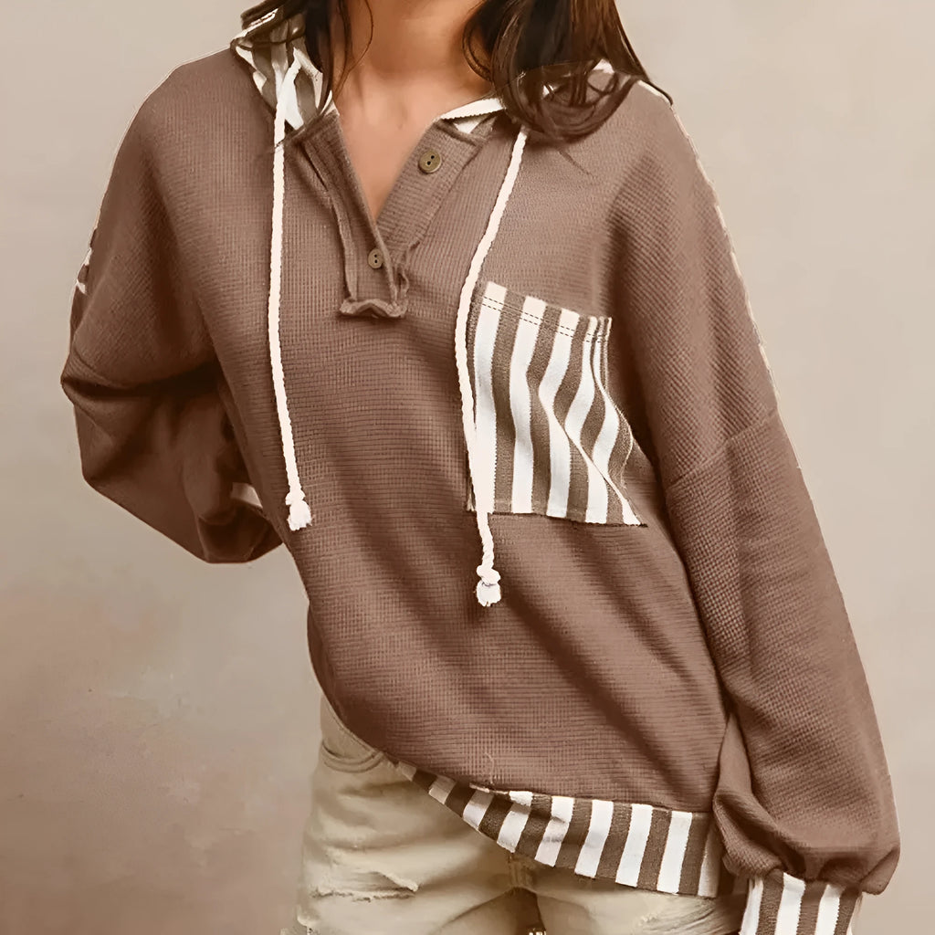 Straw yellow waffle texture striped patchwork women's hoodie with button neck and drawstring hood