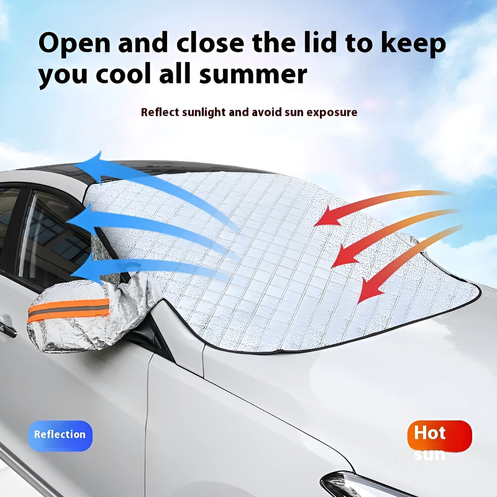 Large aluminium foil car cover for SUV windshield with magnets and reflective stripes.