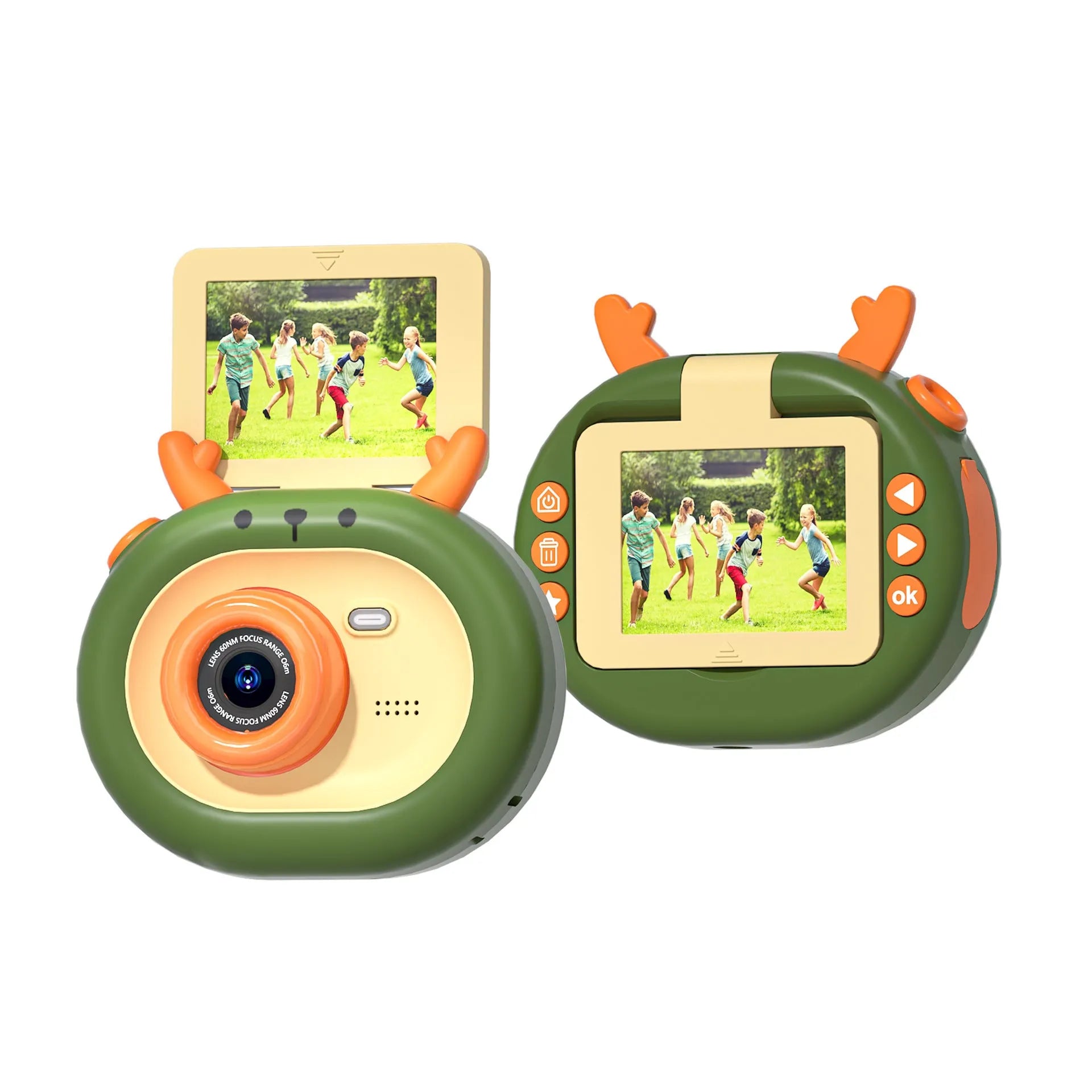 Purple children's digital camera with flip screen, silicone case lanyard, and USB cable on a cartoon map.