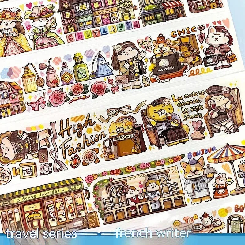 Sheet of cute cartoon character stickers on Japanese paper for haemorrhoid tape packaging and planners.