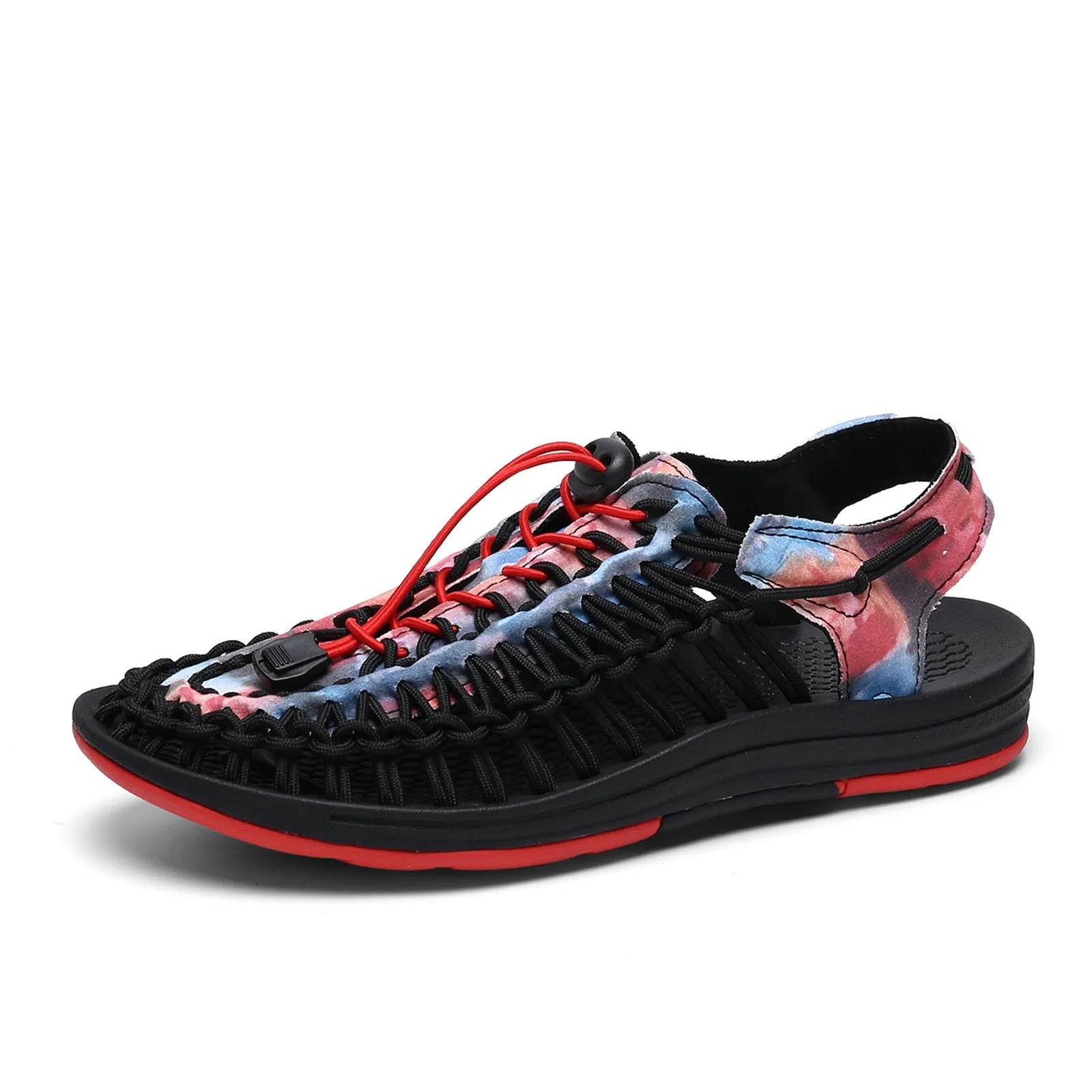Woven drawstring tie Roman sandals in rainbow colour with elastic closure and rubber sole