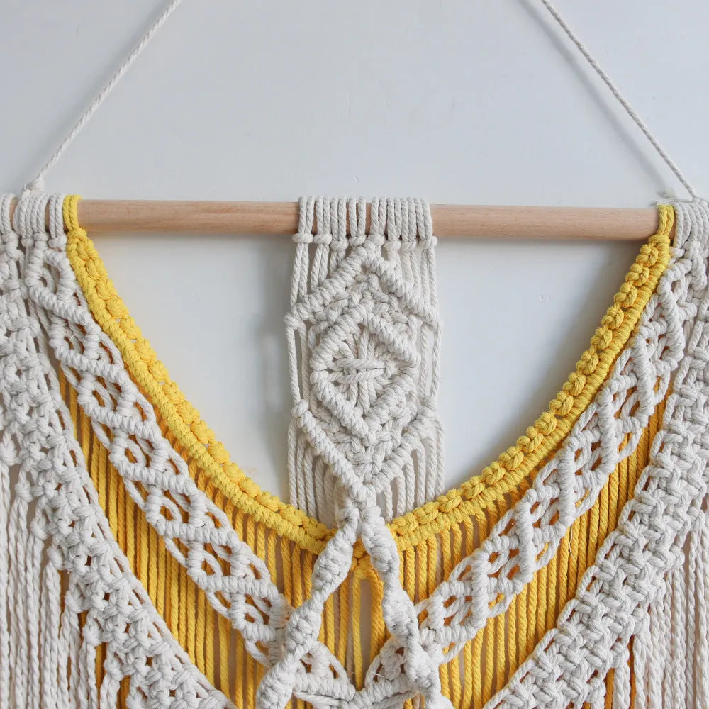 Hand-woven Nordic style cotton tapestry wall hanging 120cm by 95cm creamy white with yellow accents
