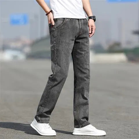 Men's smoky gray low-waist straight-leg jeans made from elastic rabbit fur fabric with a zip fly.