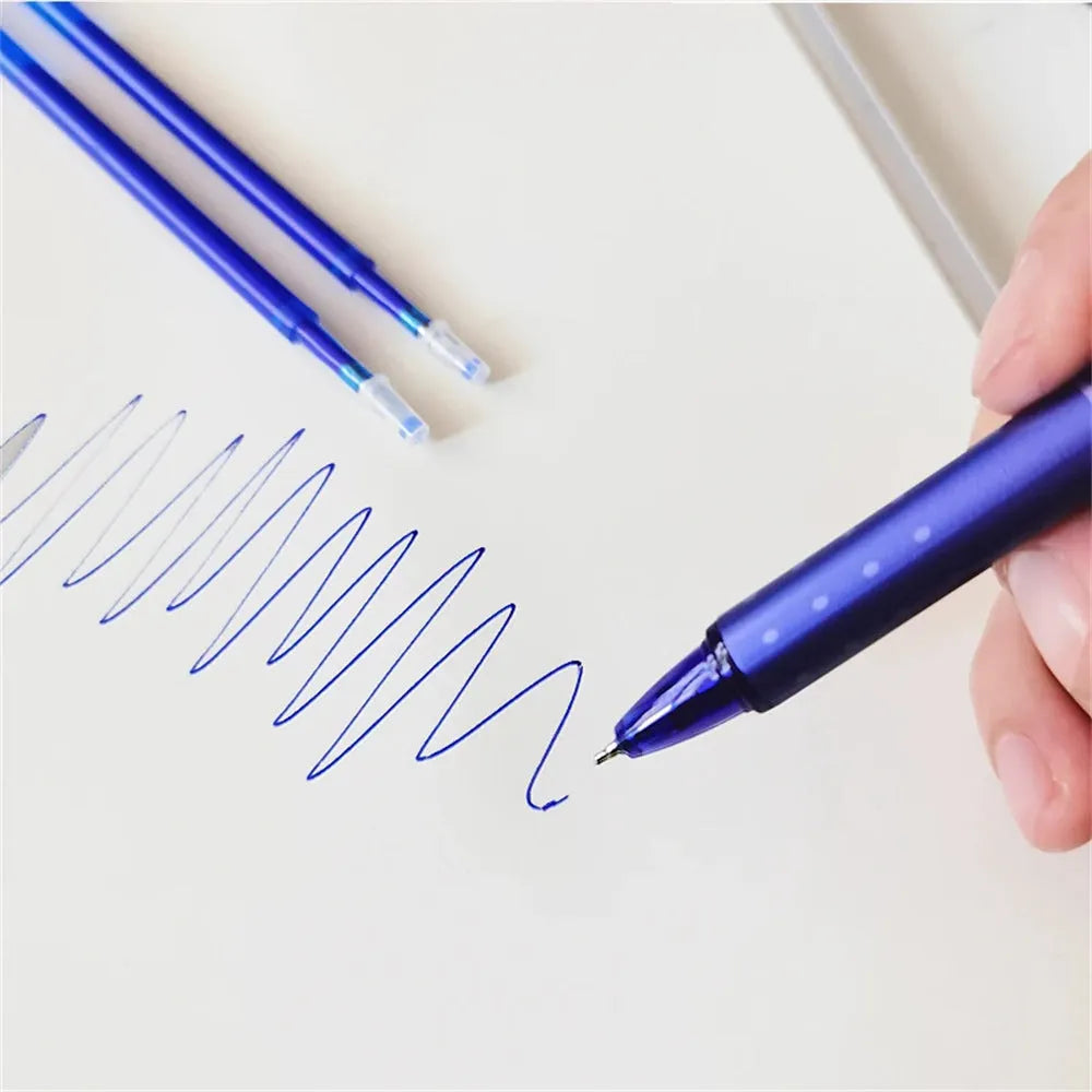 Blue and black erasable gel pens with 0.5mm tips and push-button mechanisms for school use