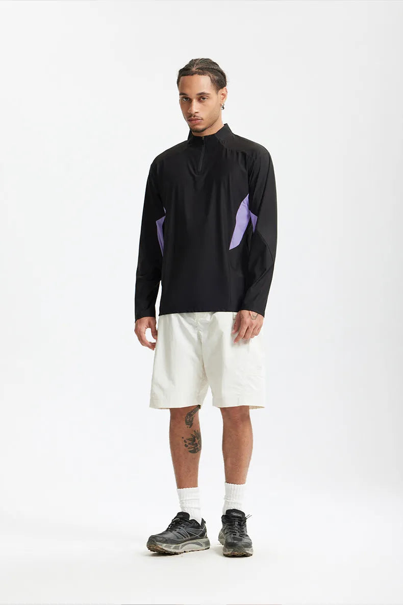 Men's lightweight polyester top with stitching detail in solid black and beige colours with long and short sleeve options