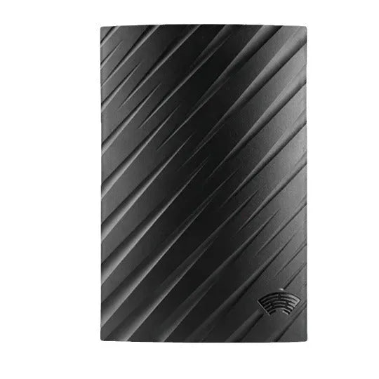 Black plastic digital television antenna with mounting hardware on white background