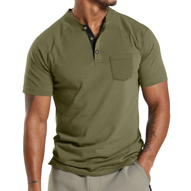 Men's plus size solid colour short sleeve shirt with a button chest pocket, shown in Army Green.