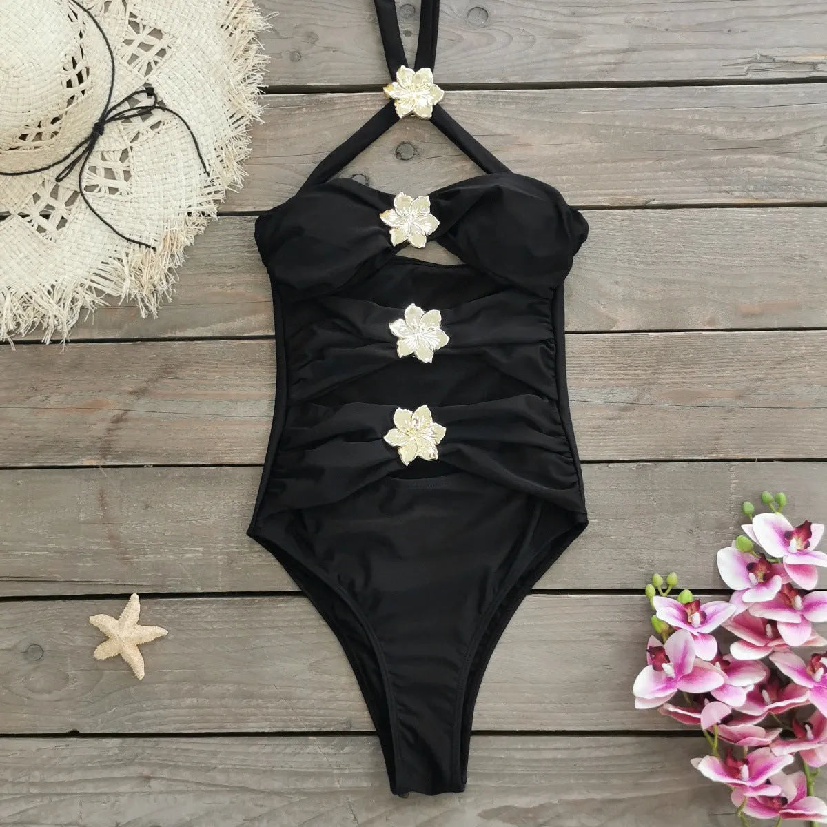 Solid colour high-waisted one-piece swimsuit with hollow-out tube top and matching short skirt for women.