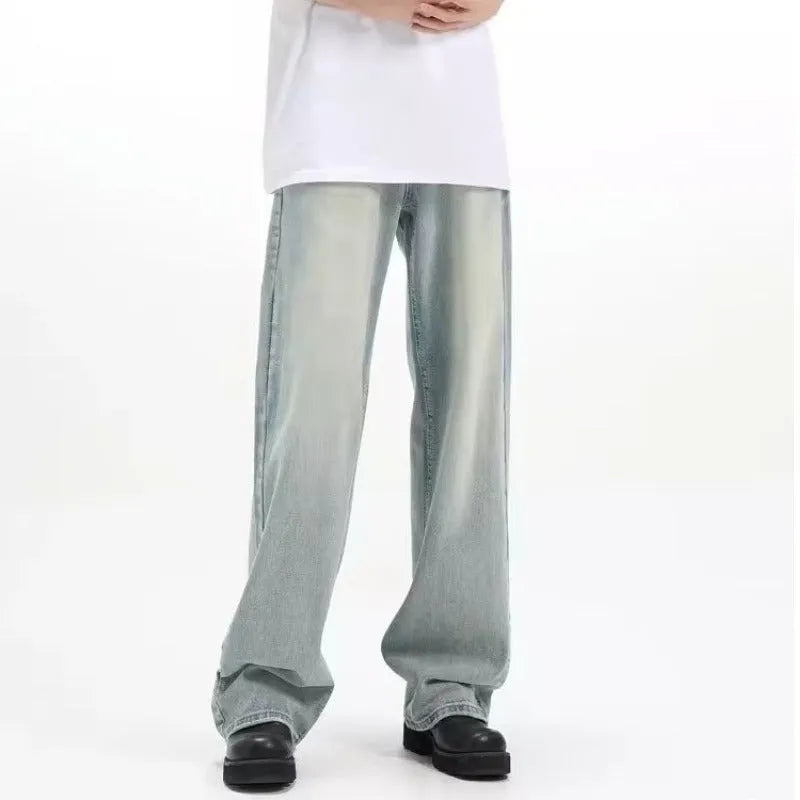 Blue men's loose retro casual trousers made from high-elasticity rabbit fur fabric.