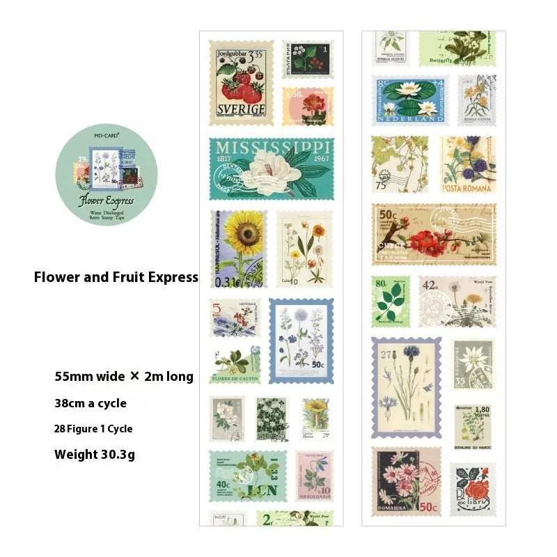 Roll of retro-patterned coated paper stamp for journal decoration, showing butterfly, forest, bird and mushroom design options.