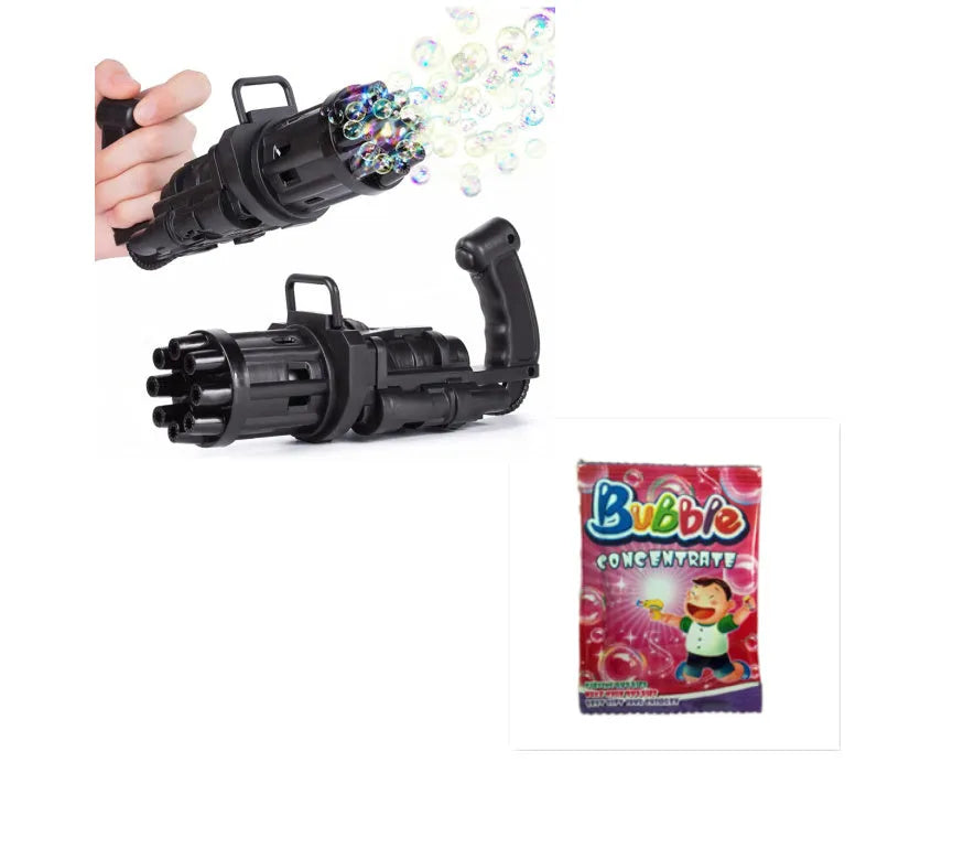 Kids plastic bubble machine gun toy in pink, gold, or black with battery compartment and removable bubble head.