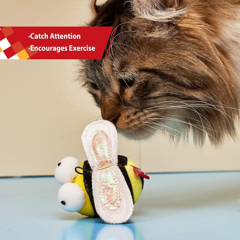 Yellow bee-shaped electronic cat toy with motion-activated chirping sound for indoor pets