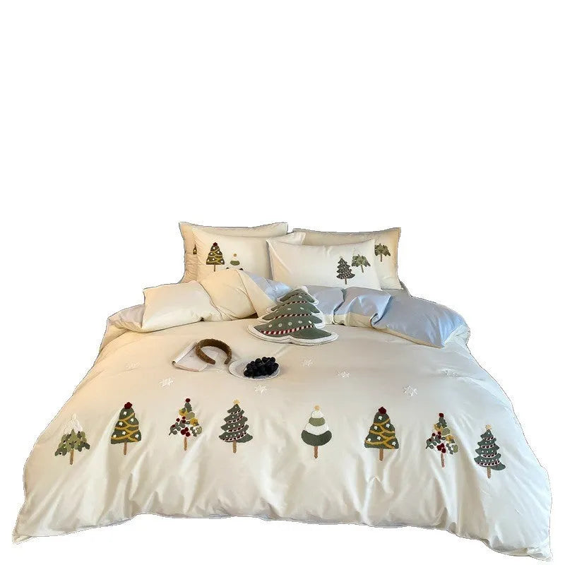 Pure cotton four-piece bedding set with Christmas tree embroidery in cream blue and green colours