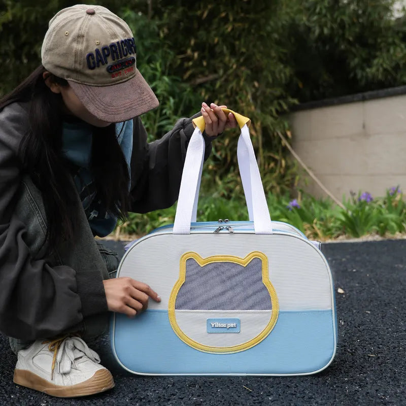 Outdoor portable foldable cat backpack in Oxford cloth, showing large capacity and breathable design.
