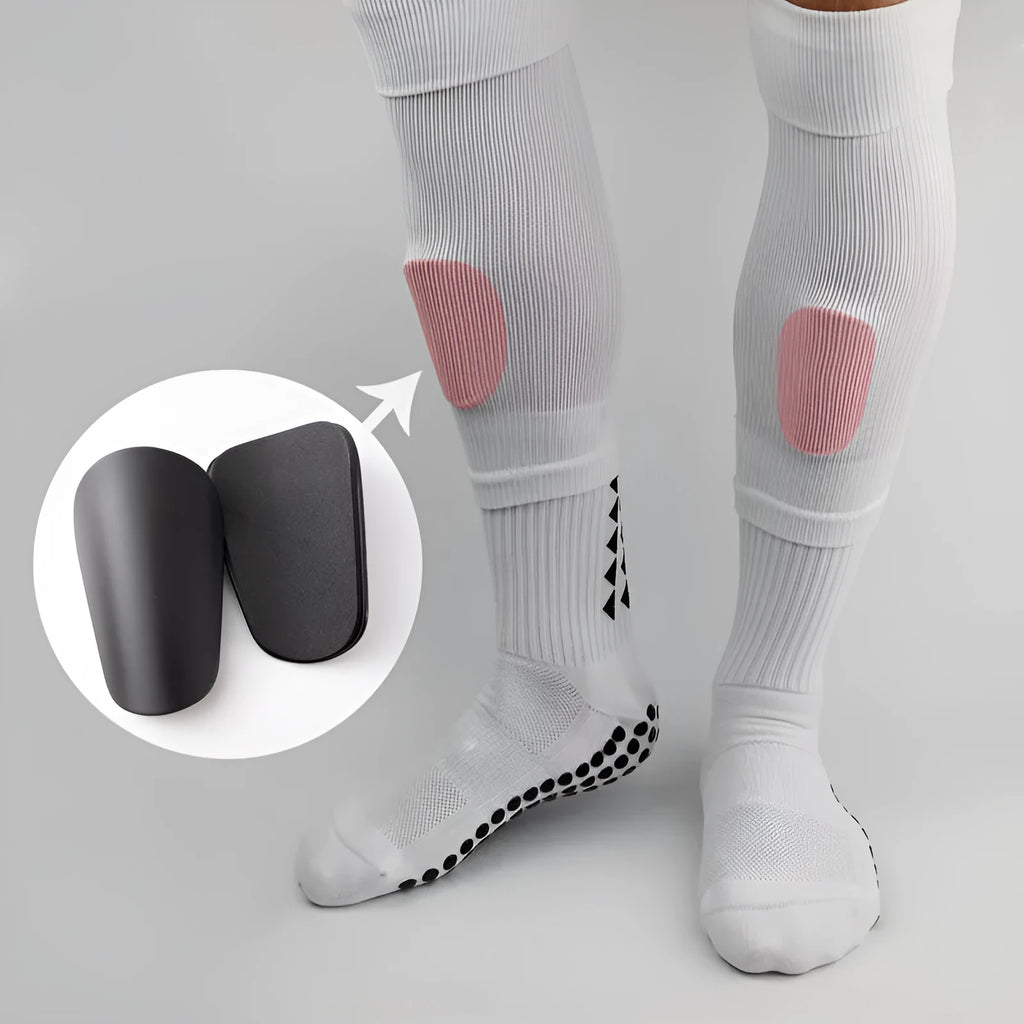 PU mini shin guards for football and sports in black, white, red, and blue colours.