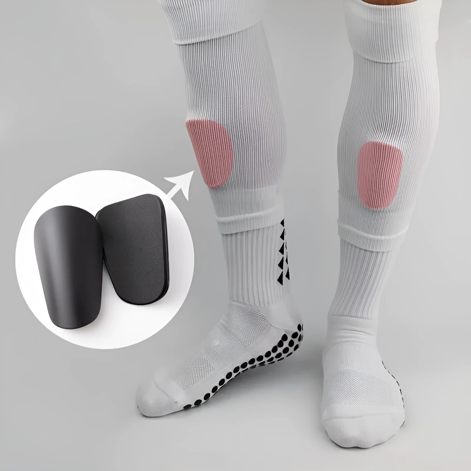 PU mini shin guards for football and sports in black, white, red, and blue colours.