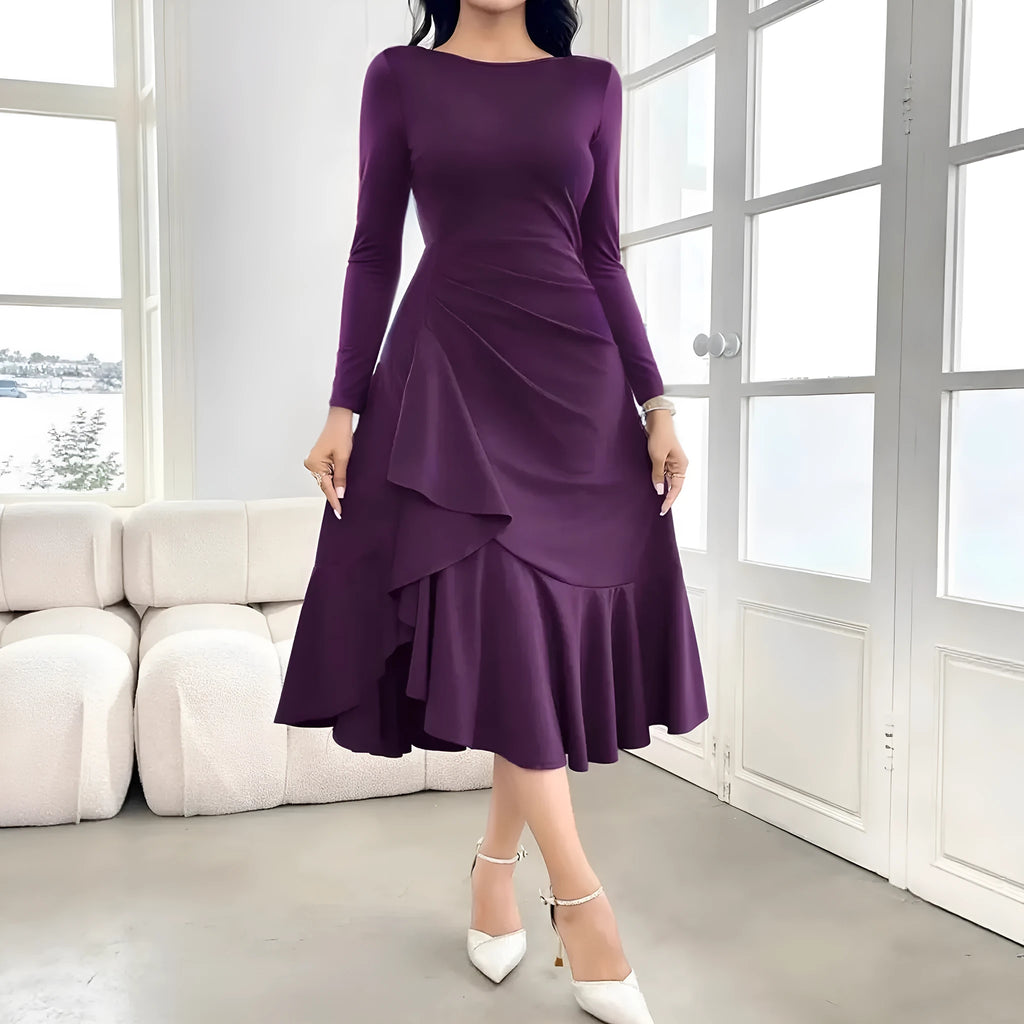 Purple women's long sleeve dress with ruffle detail and mid waist