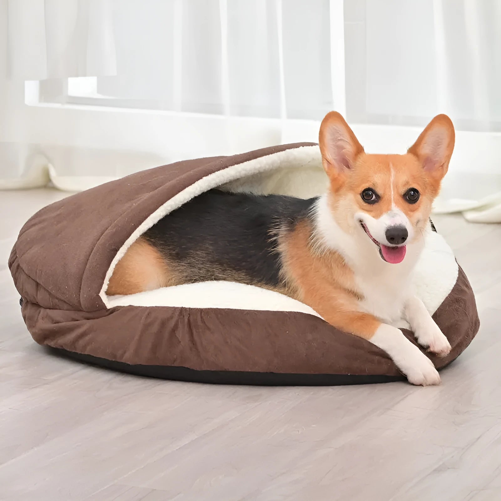 Brown and grey removable cloth dog kennel pet bed shown in small and medium sizes