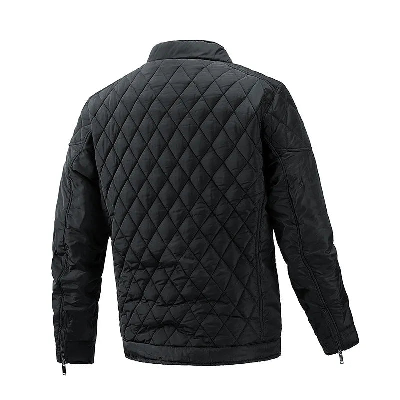 Men's polyester stand collar jacket with zipper, in black, showing front view