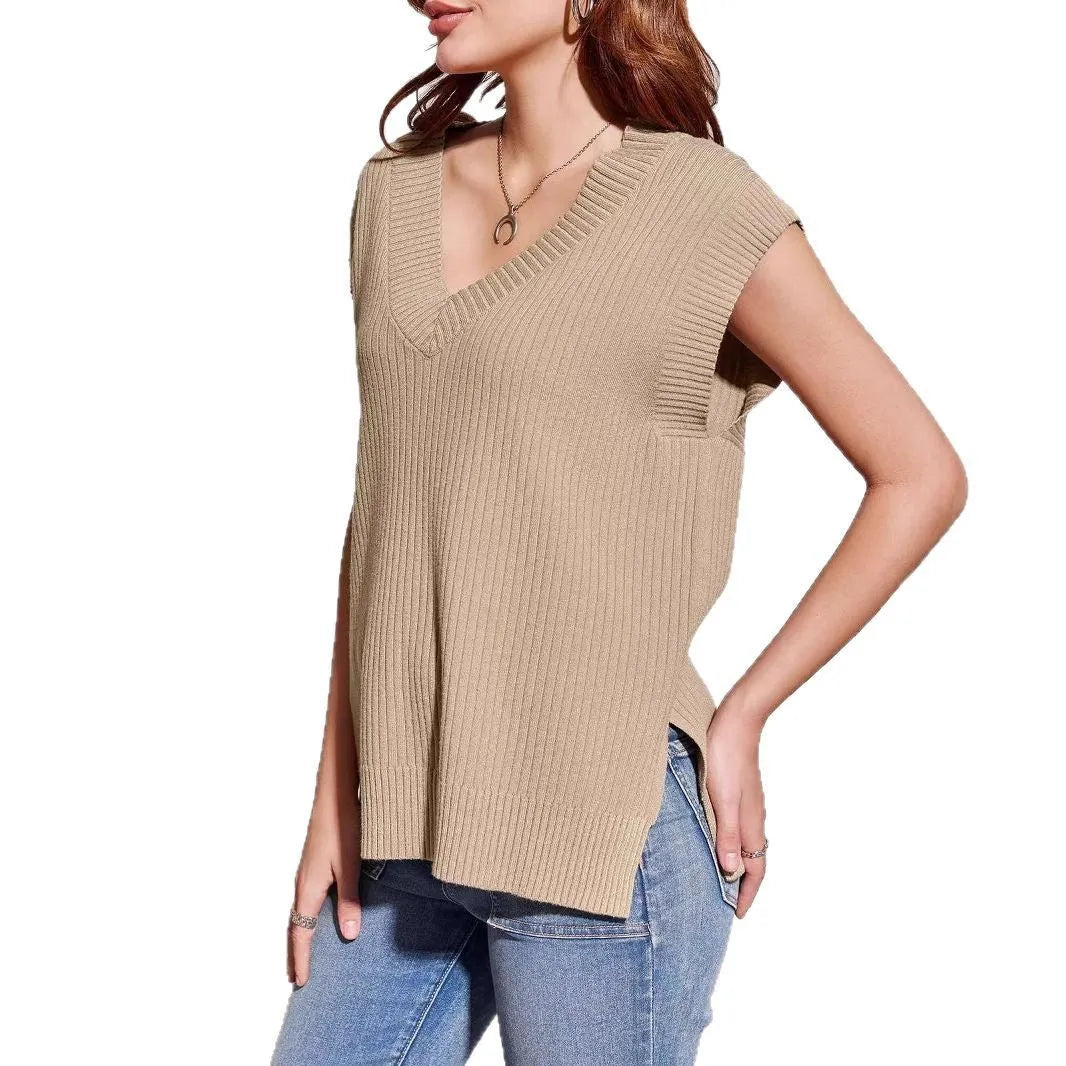 Women's camel and white v-neck sleeveless vest with loose fit and striped or plaid patterns
