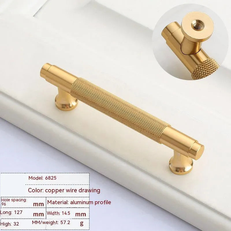 Aluminium alloy furniture handle with brushed brass finish showing multiple hole spacing options