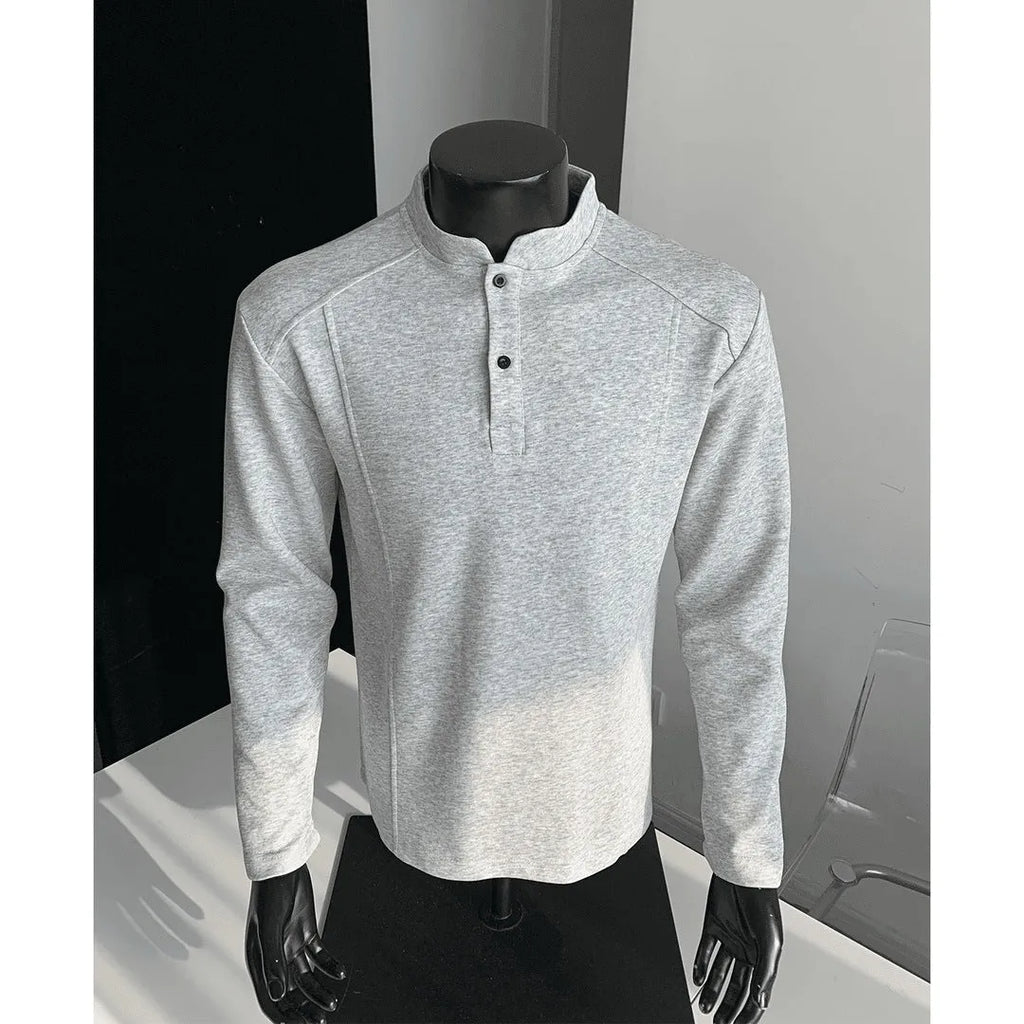 Men's asymmetric patchwork stand-up collar polo shirt in Chinese cotton fabric with loose fit