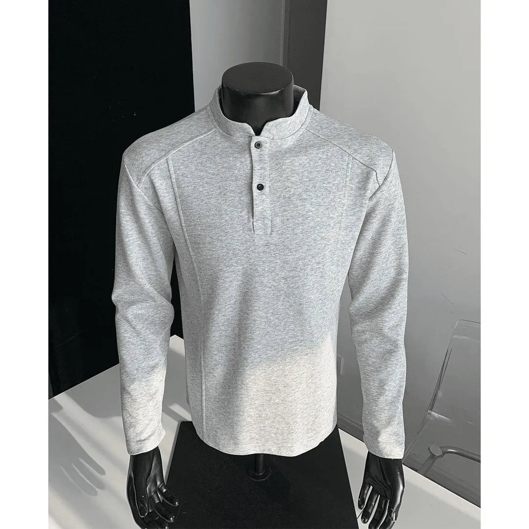 Men's asymmetric patchwork stand-up collar polo shirt in Chinese cotton fabric with loose fit