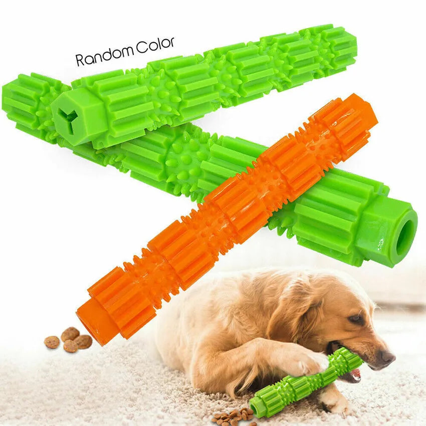Green and orange rubber dog chew toy for aggressive chewers with treat dispensing hole