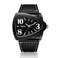 Men's casual watch with a triangular brown leather belt and silver case.