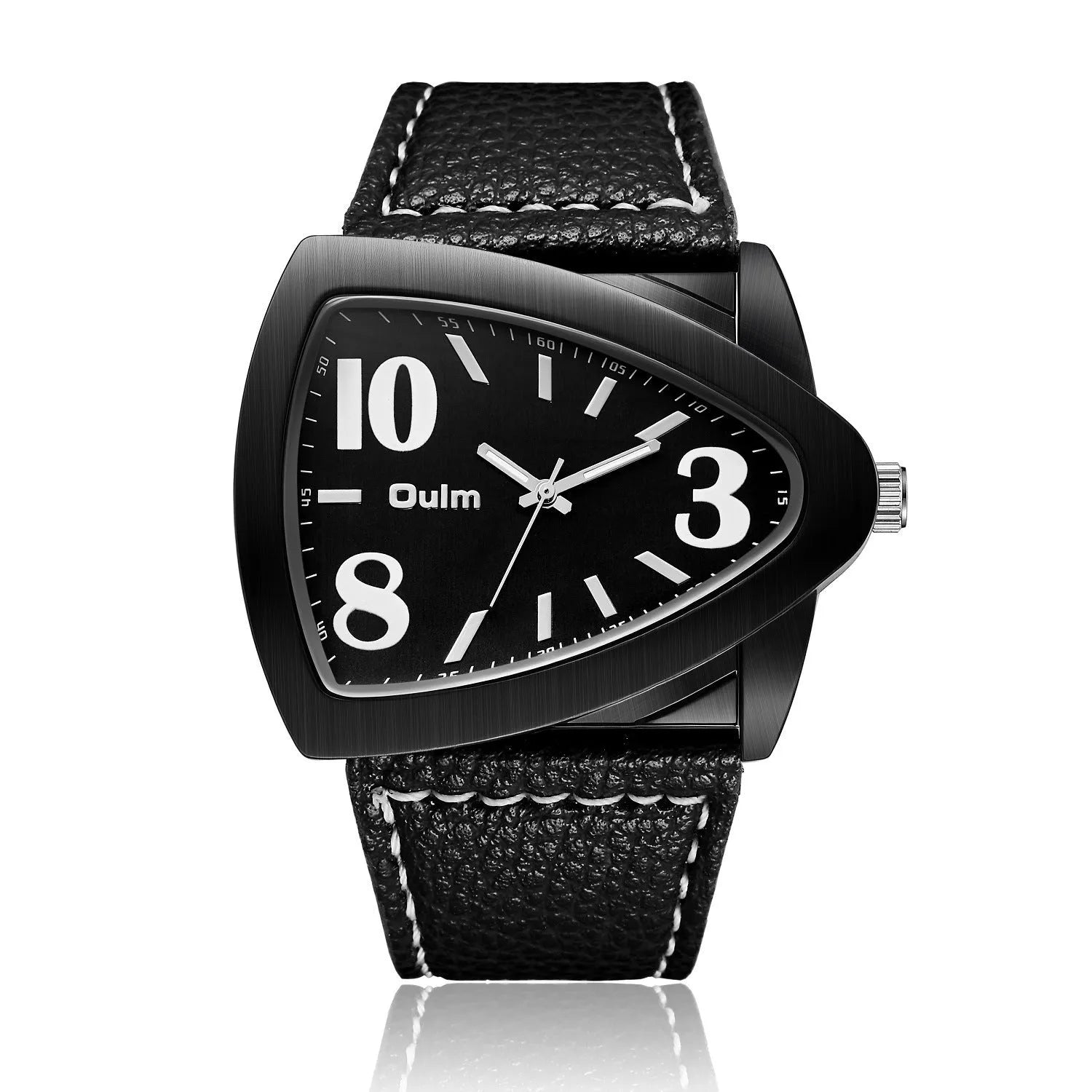Men's casual watch with a triangular brown leather belt and silver case.