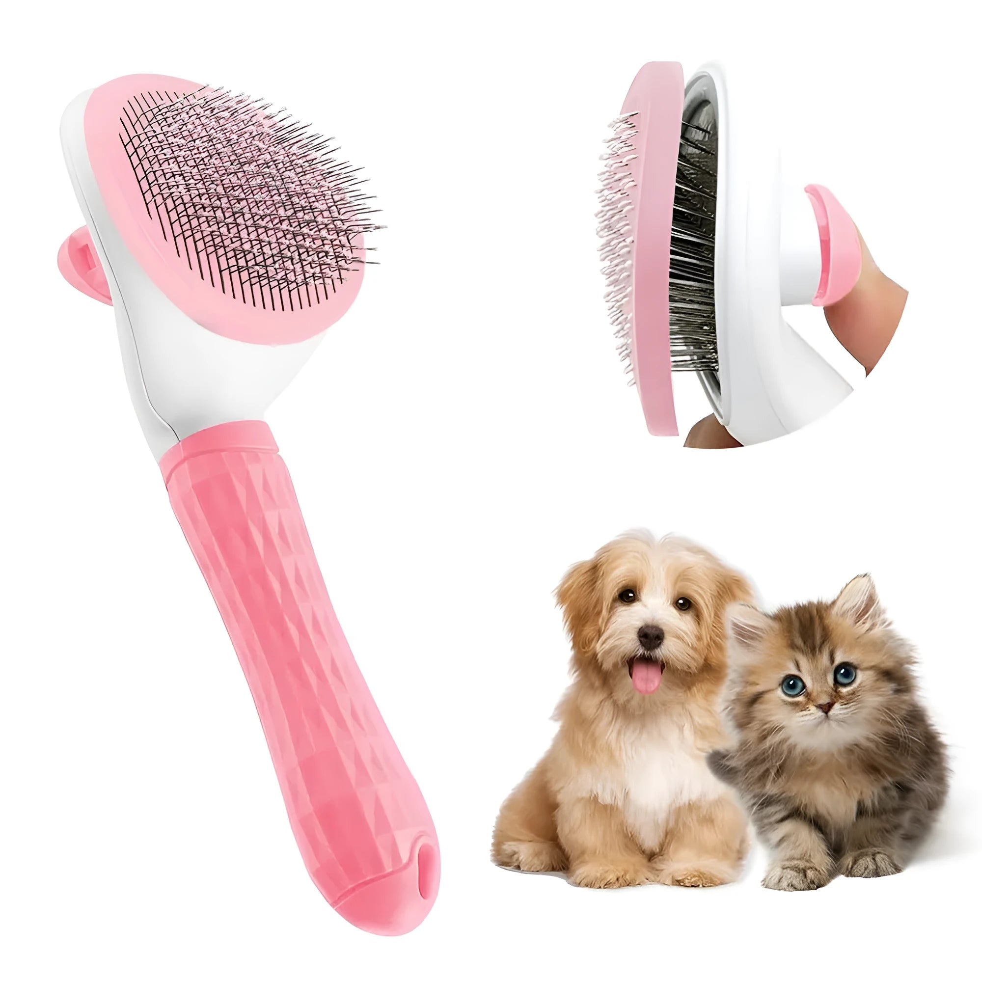 Blue cat grooming brush with a release button and fine wire bristles for removing loose pet hair.