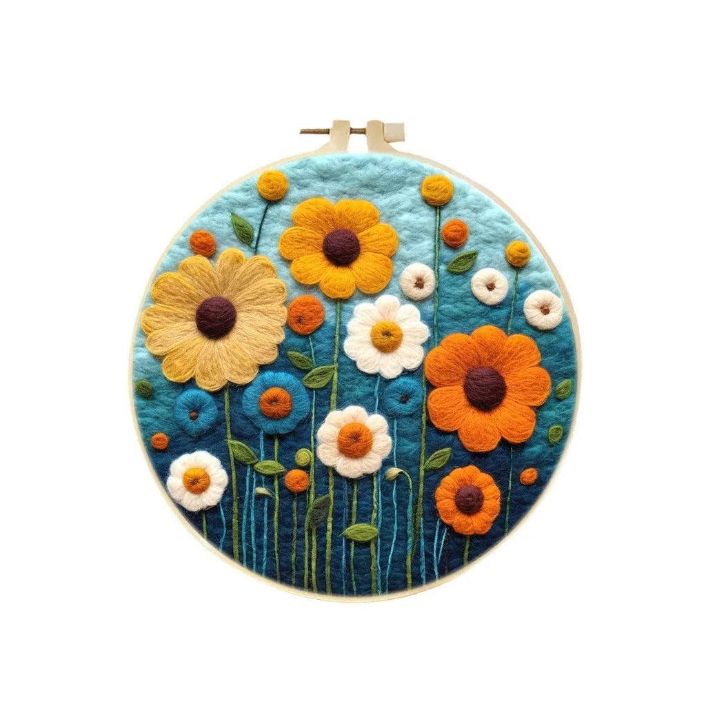 Round linen embroidery kit with wool felt materials for three-dimensional floral design