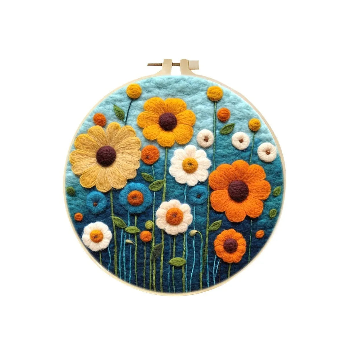 Round linen embroidery kit with wool felt materials for three-dimensional floral design
