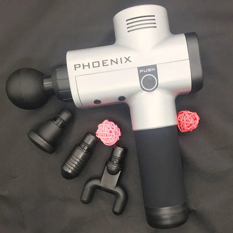 Black fascia massage gun with four different coloured massage heads on a grey background.