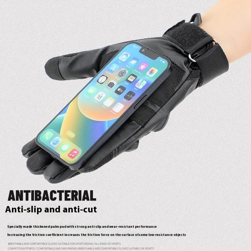 Men's black full finger tactical gloves with touch screen capability on the fingertips.