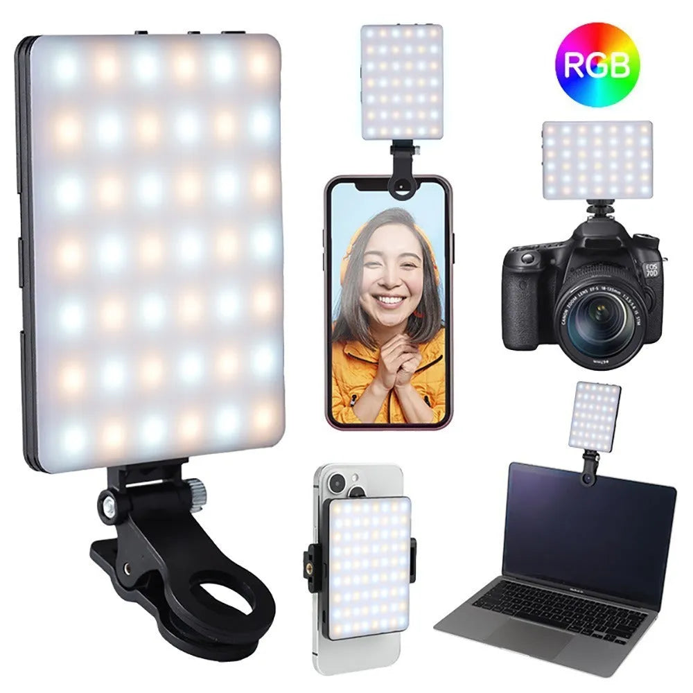 Handheld pocket LED fill light with clip attached to a smartphone for video lighting.