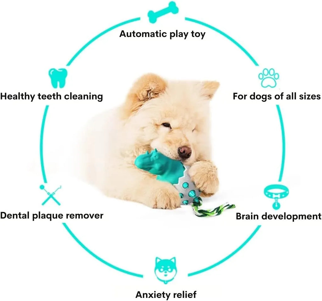 Blue durable rubber dog chew toy with dino design, rope, and textured surface for aggressive chewers.