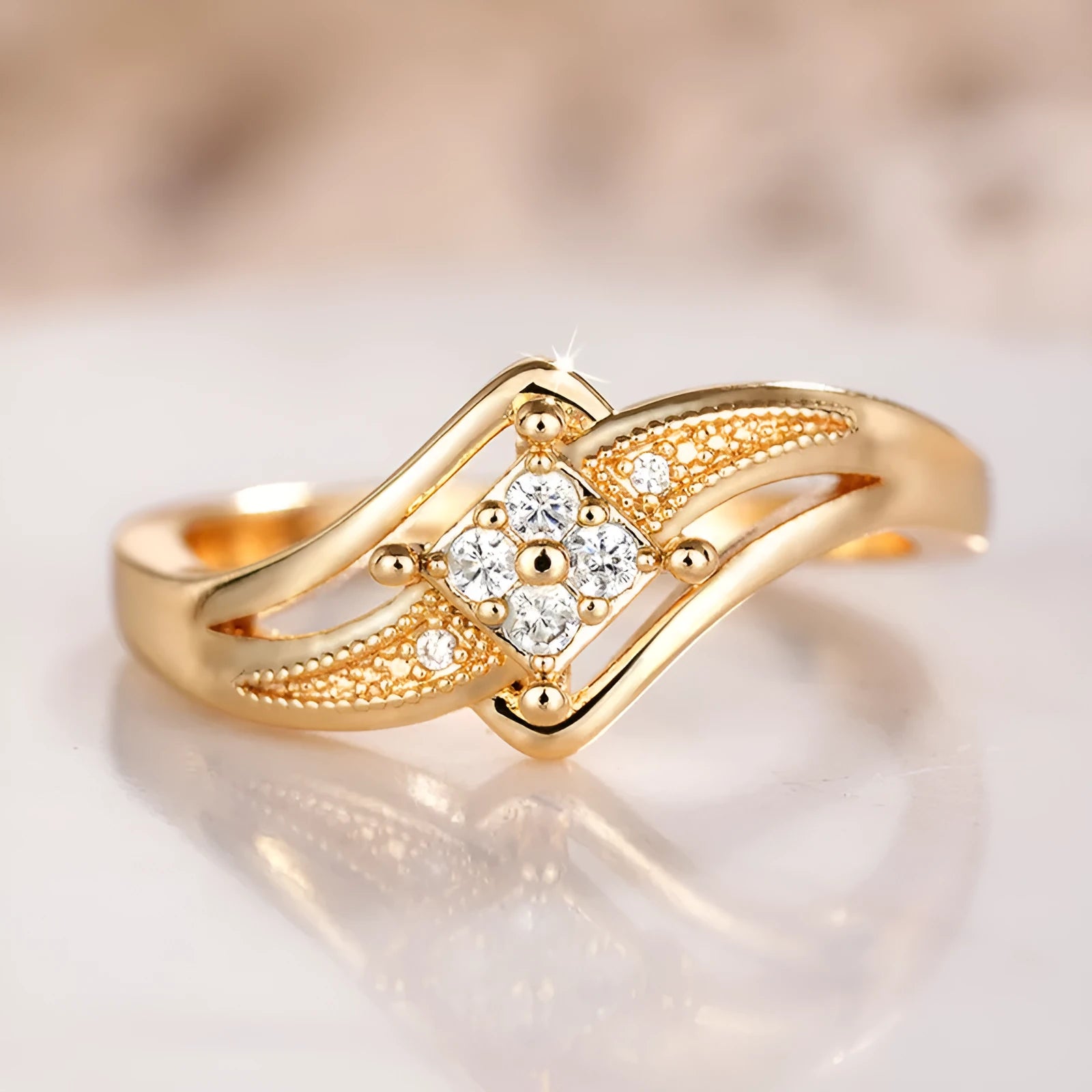 Women's yellow gold colour copper ring with diamond shape and micro inlaid zircon geometric design.