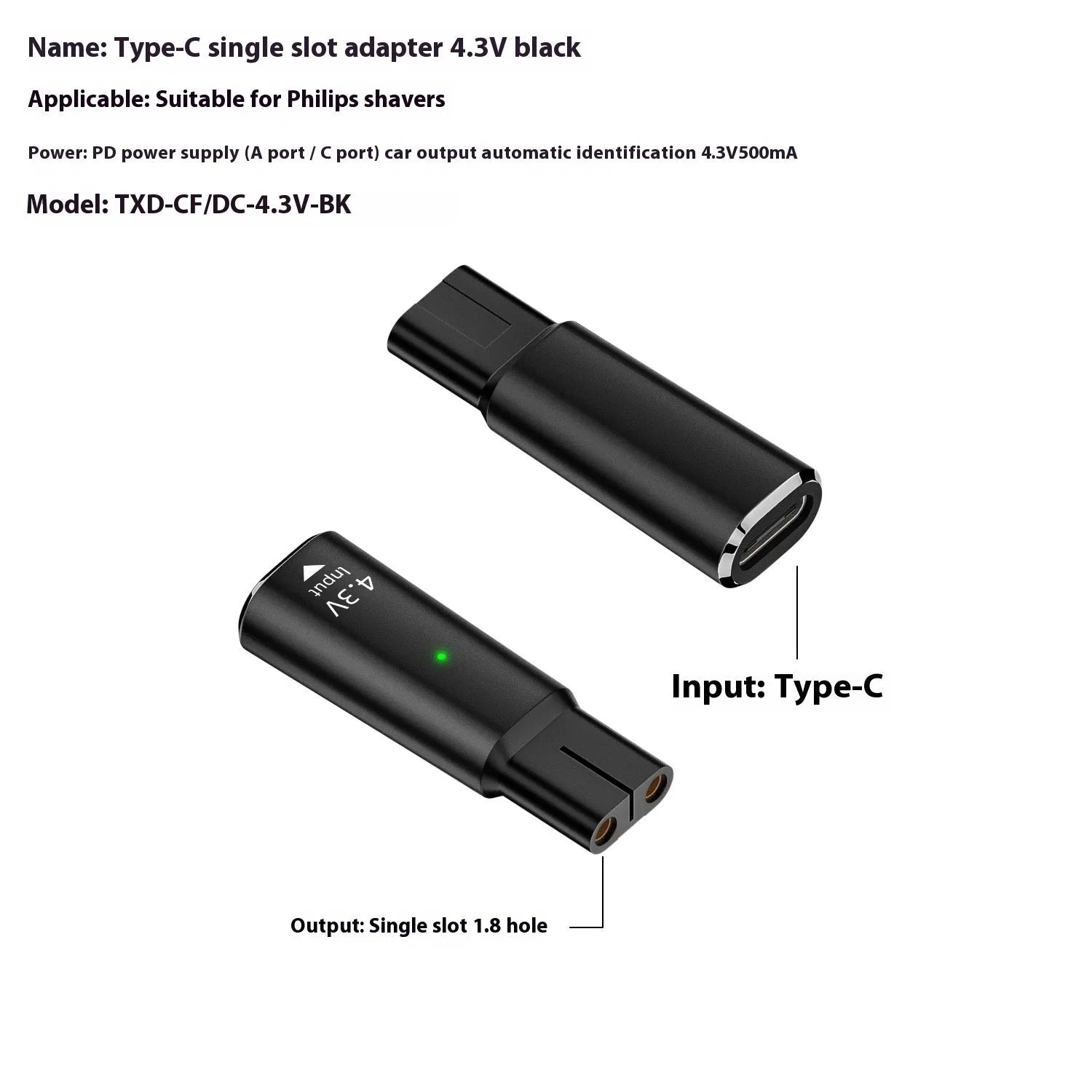 Black USB C charging adapter for electric shavers with aluminium alloy construction and 4.3V output
