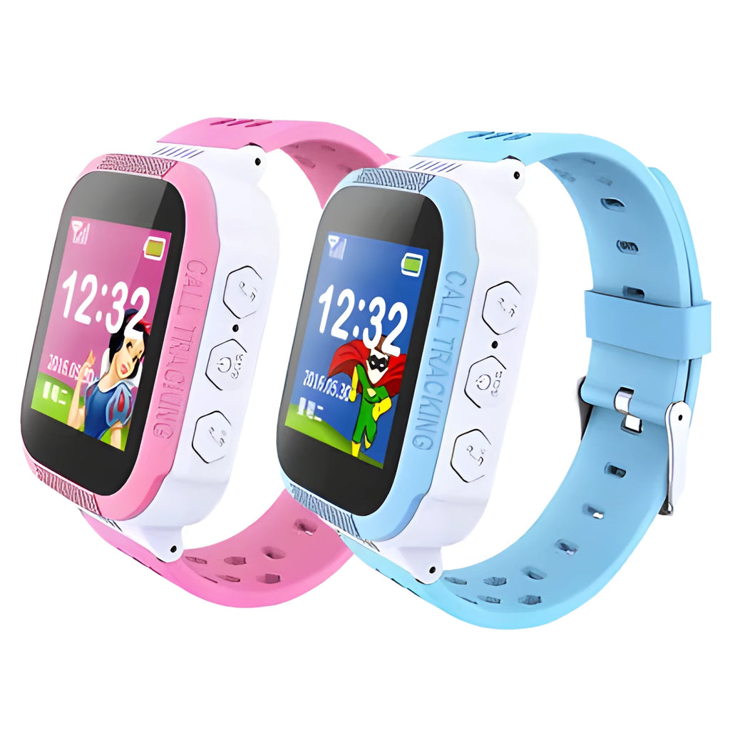Blue children's phone watch with 1.44-inch IPS screen showing dual language interface
