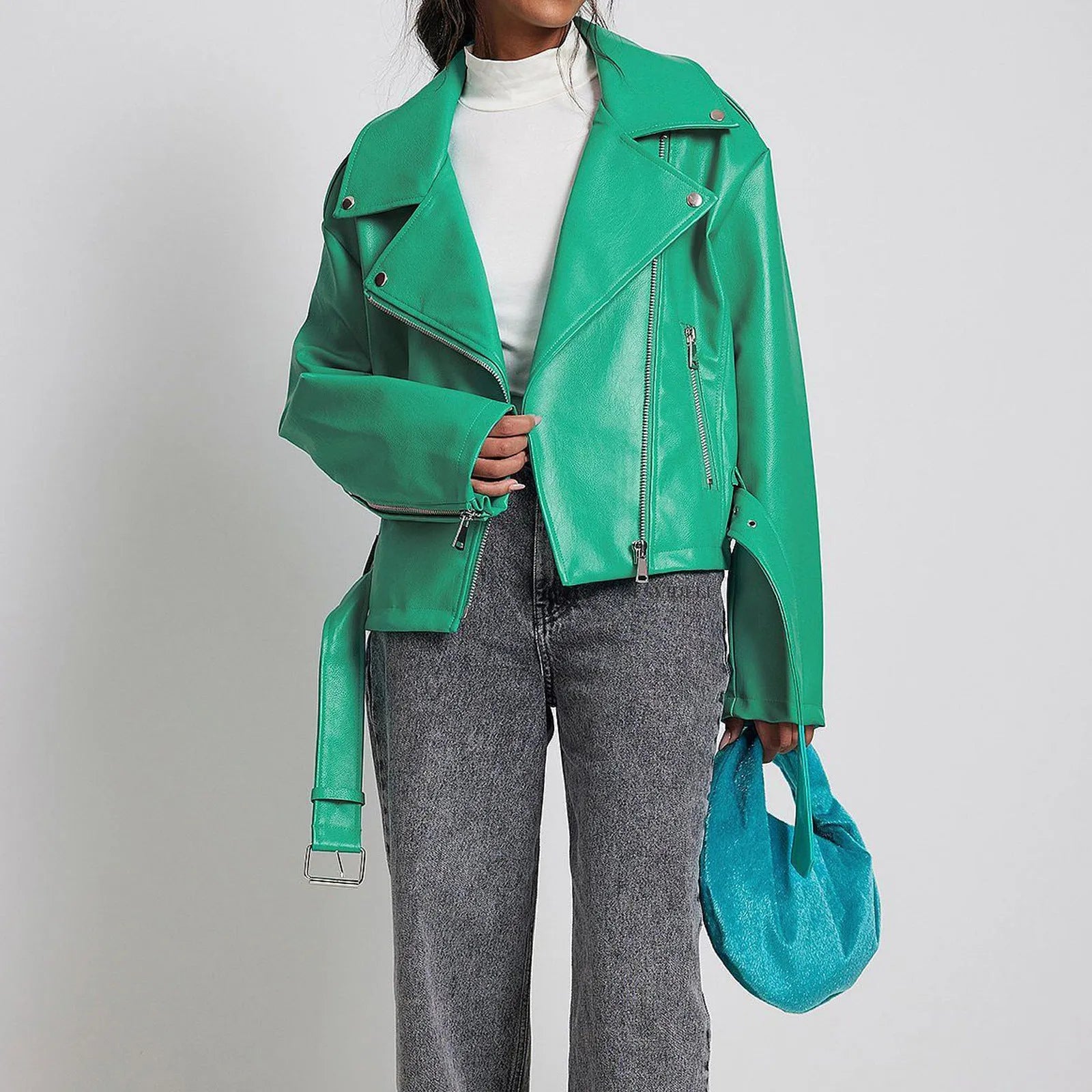 Punk style leather jacket with locomotive lapel and Peter Pan collar in polyester construction