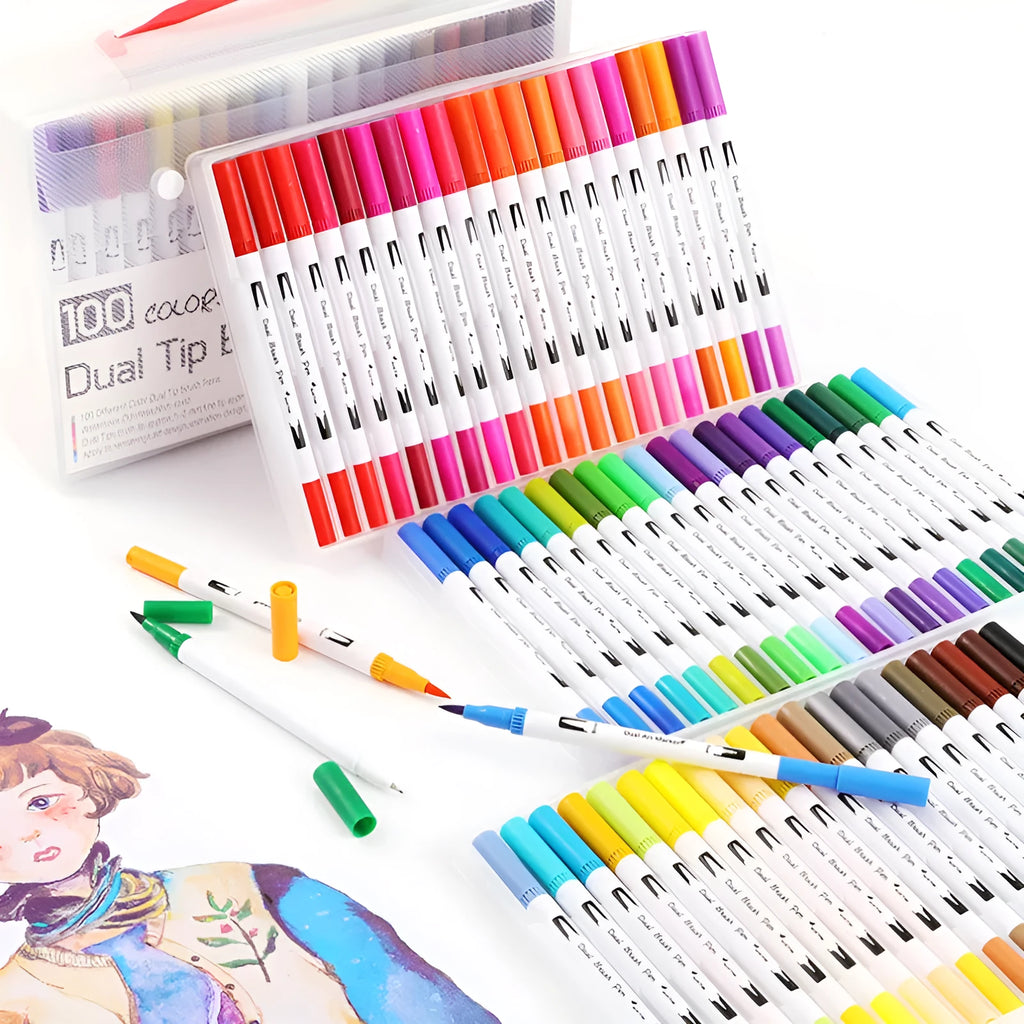 Set of refillable watercolour pens in a case, showing multiple vibrant colours for art and design projects.