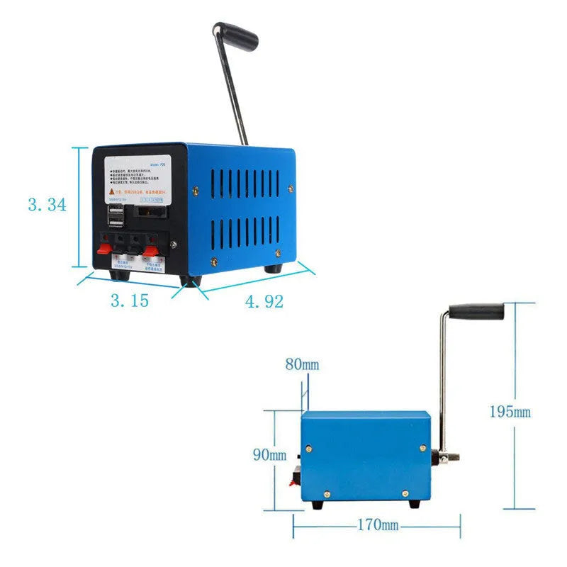 Blue metal USB hand crank emergency power generator with multiple voltage outputs
