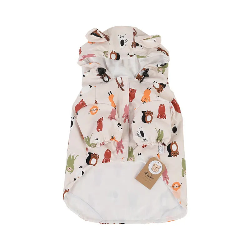Beige cartoon dog raincoat with waterproof PU coating for small to extra large breeds