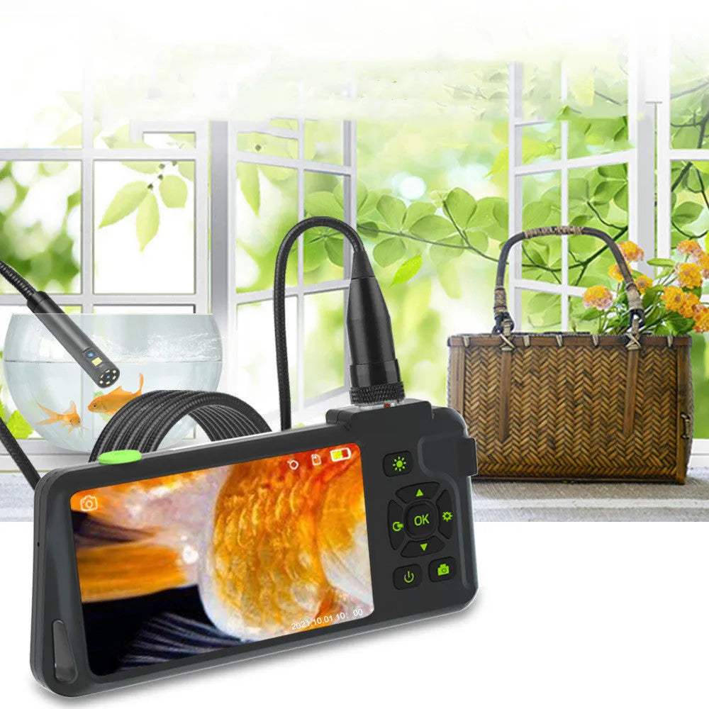 Handheld industrial endoscope with 4.5-inch colour screen and 1 metre inspection cable extended
