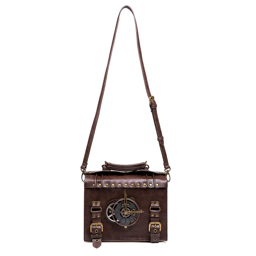 Bronze steampunk industrial retro shoulder bag with metal details and pillow bag shape