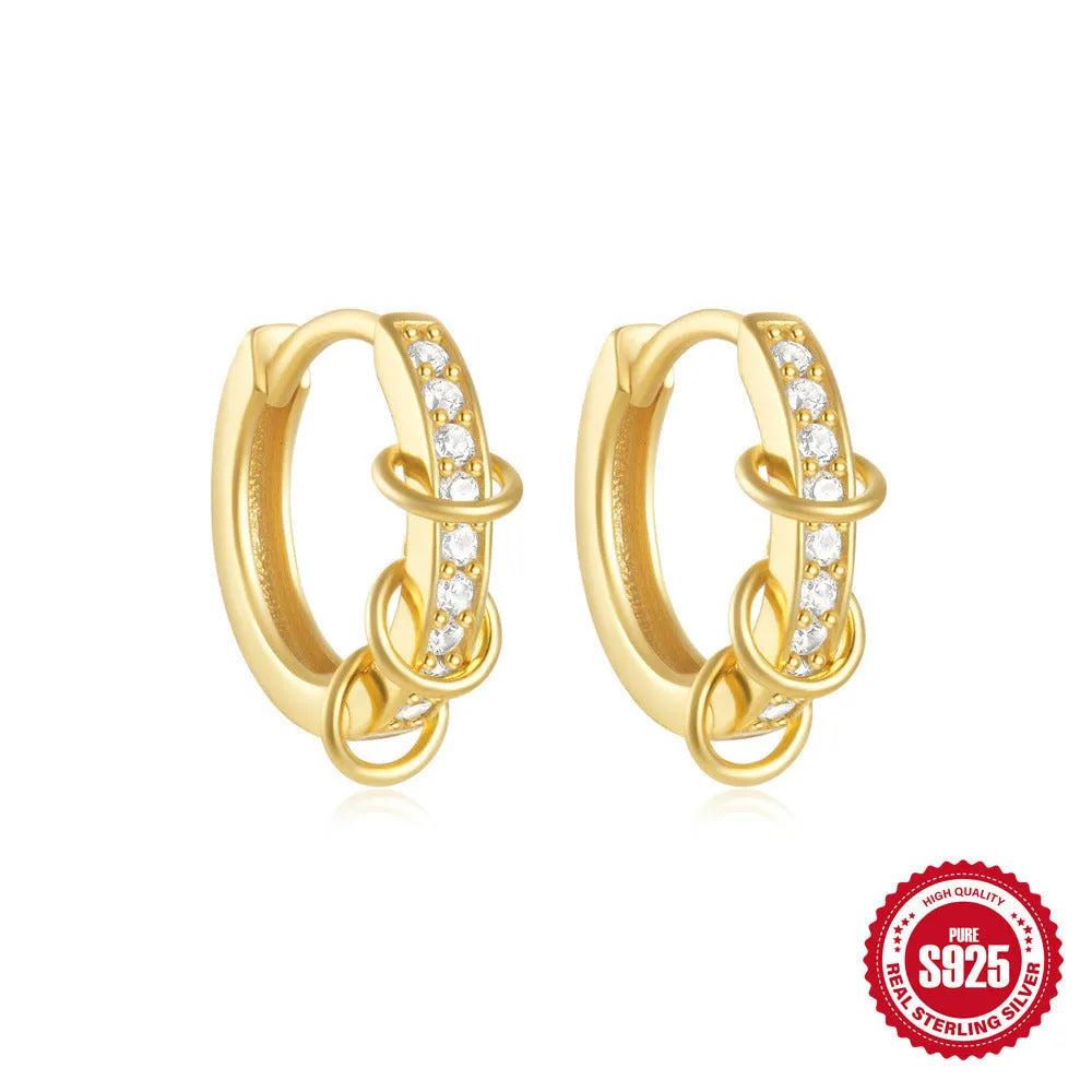 Sterling silver geometric stud earrings with small round designs in gold or silver electroplated finishes