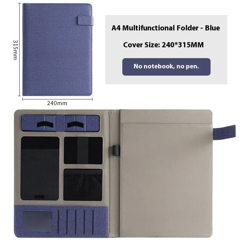 Leather A4 business folder in black with optional pen and notepad accessories
