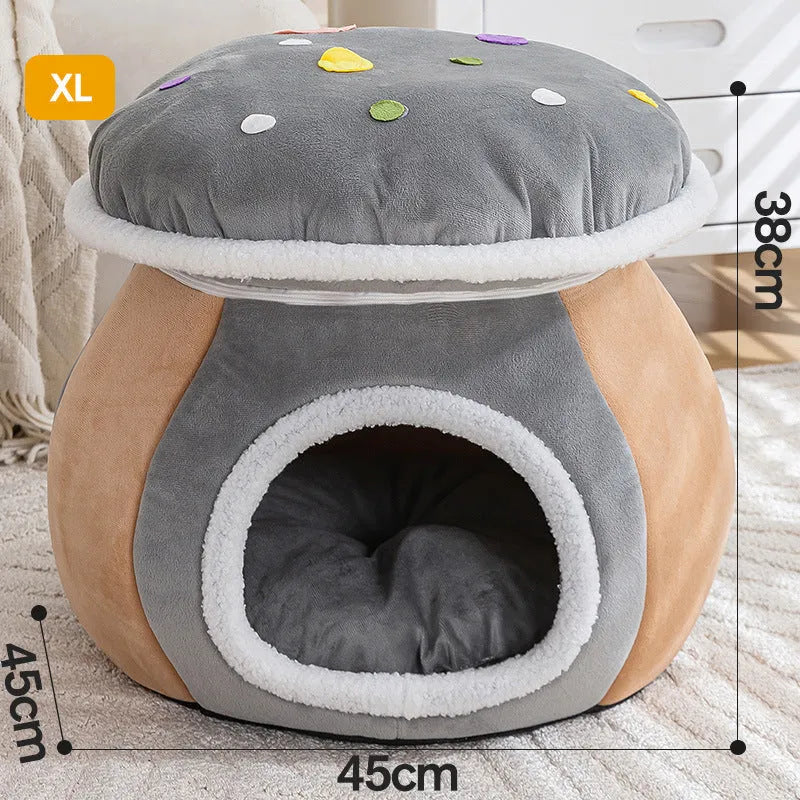 Mushroom-shaped plush cat bed in grey colour with detachable blanket